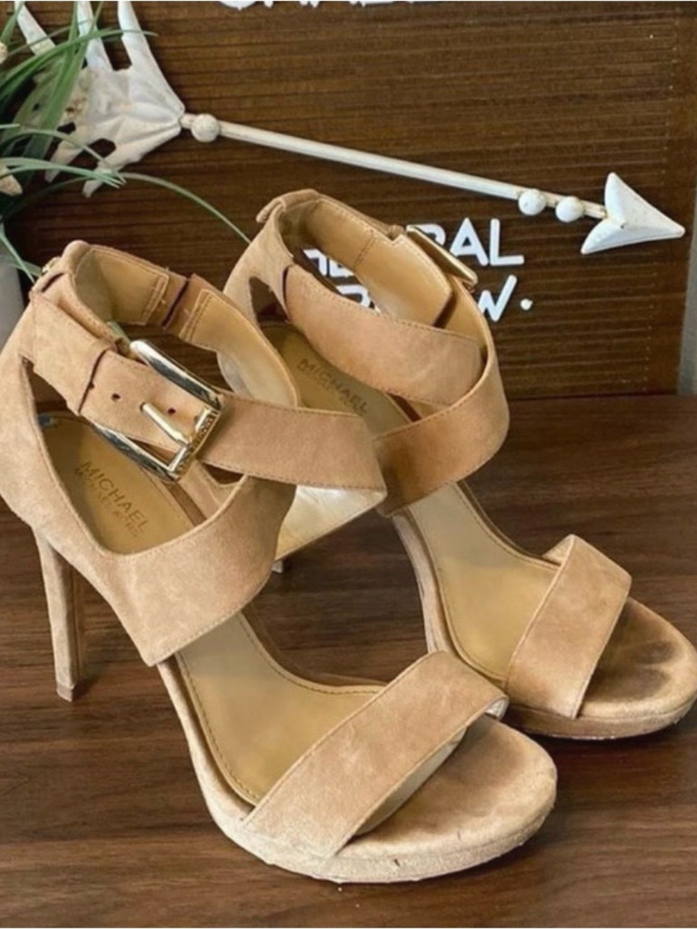 Michael Kors Beige Suede Ankle-Strap High Heel Sandals